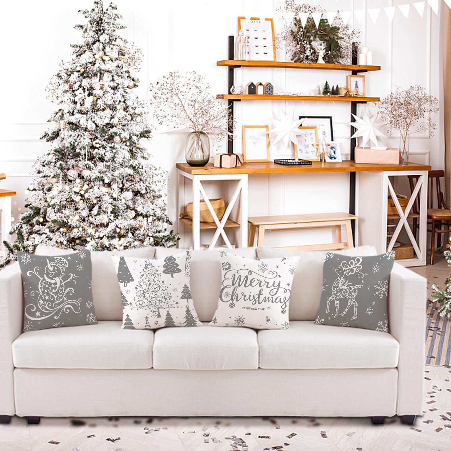 Artmag Juego de 4 fundas de almohada de Navidad grises de 20 x 20 pulgadas, decoración navideña, árboles, ciervos, muñeco de nieve, Feliz Navidad,