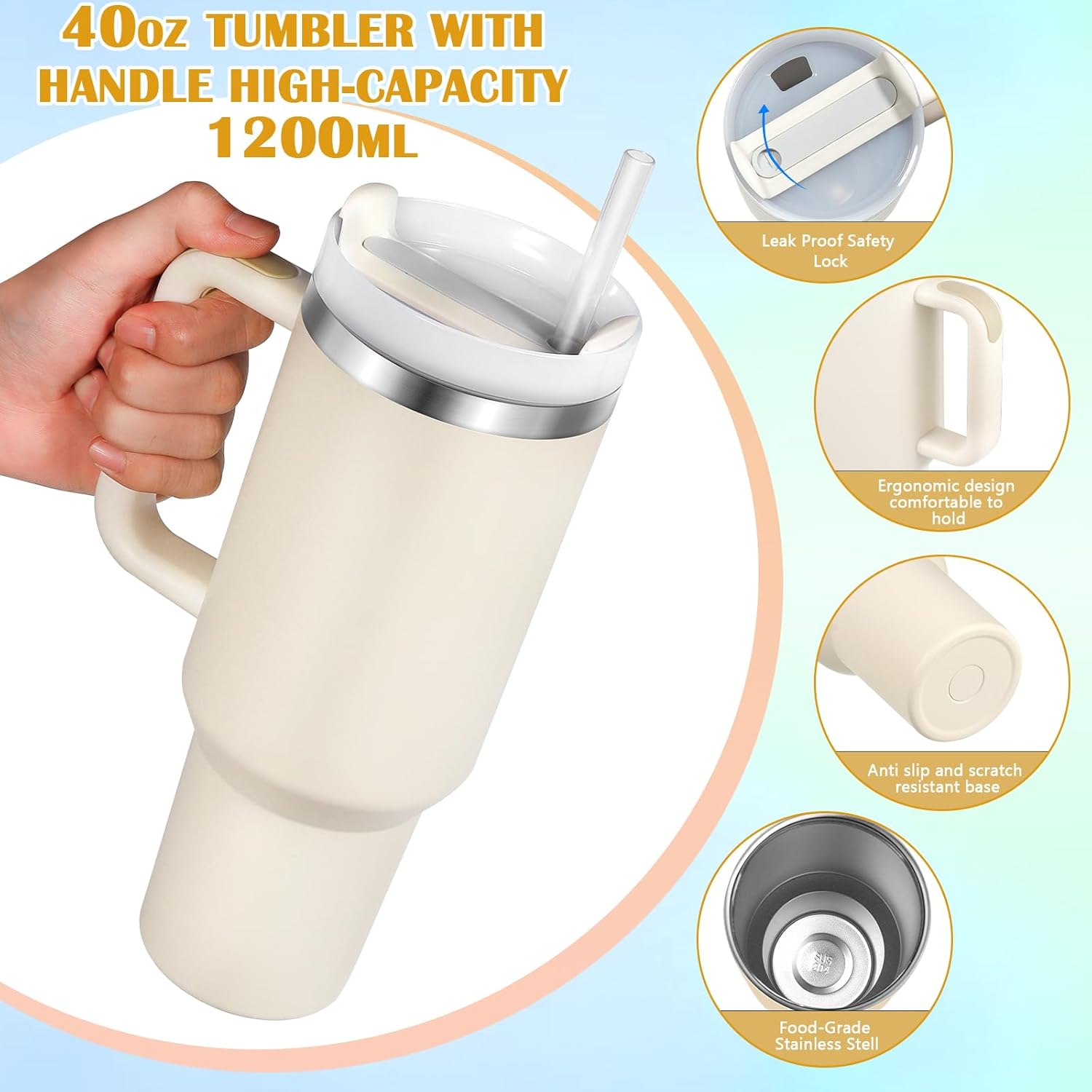 Vaso aislado al vacío de acero inoxidable de 40 onzas con tapa y popote para agua, batidos y más, té helado o café (crema)