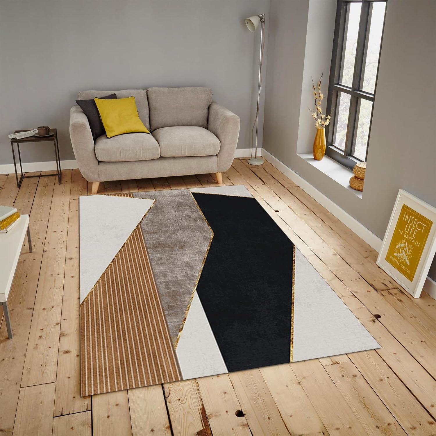 Alfombra simple de área blanca y negra, moderna, geométrica a rayas marrones, suave, antideslizante, lavable a máquina, para estudio, entrada,