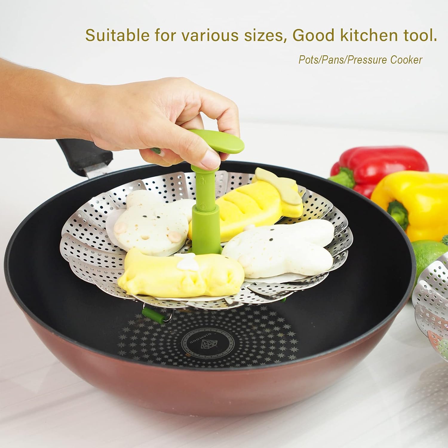 Cesta de vapor, olla de vapor plegable de acero inoxidable para cocinar al vapor (5.1 a 9 pulgadas)