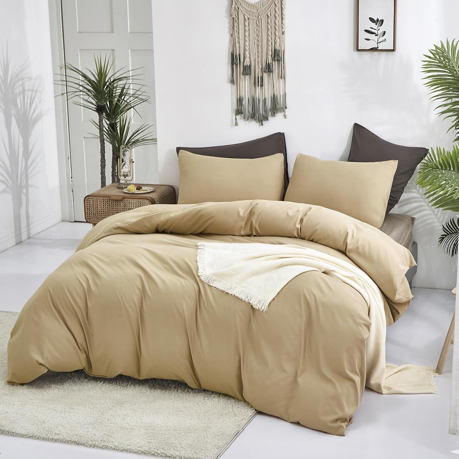 Luxlovery Juego de edredón beige champán, tamaño California King, color beige oscuro, tamaño California King, color gris topo, suave, transpirable,