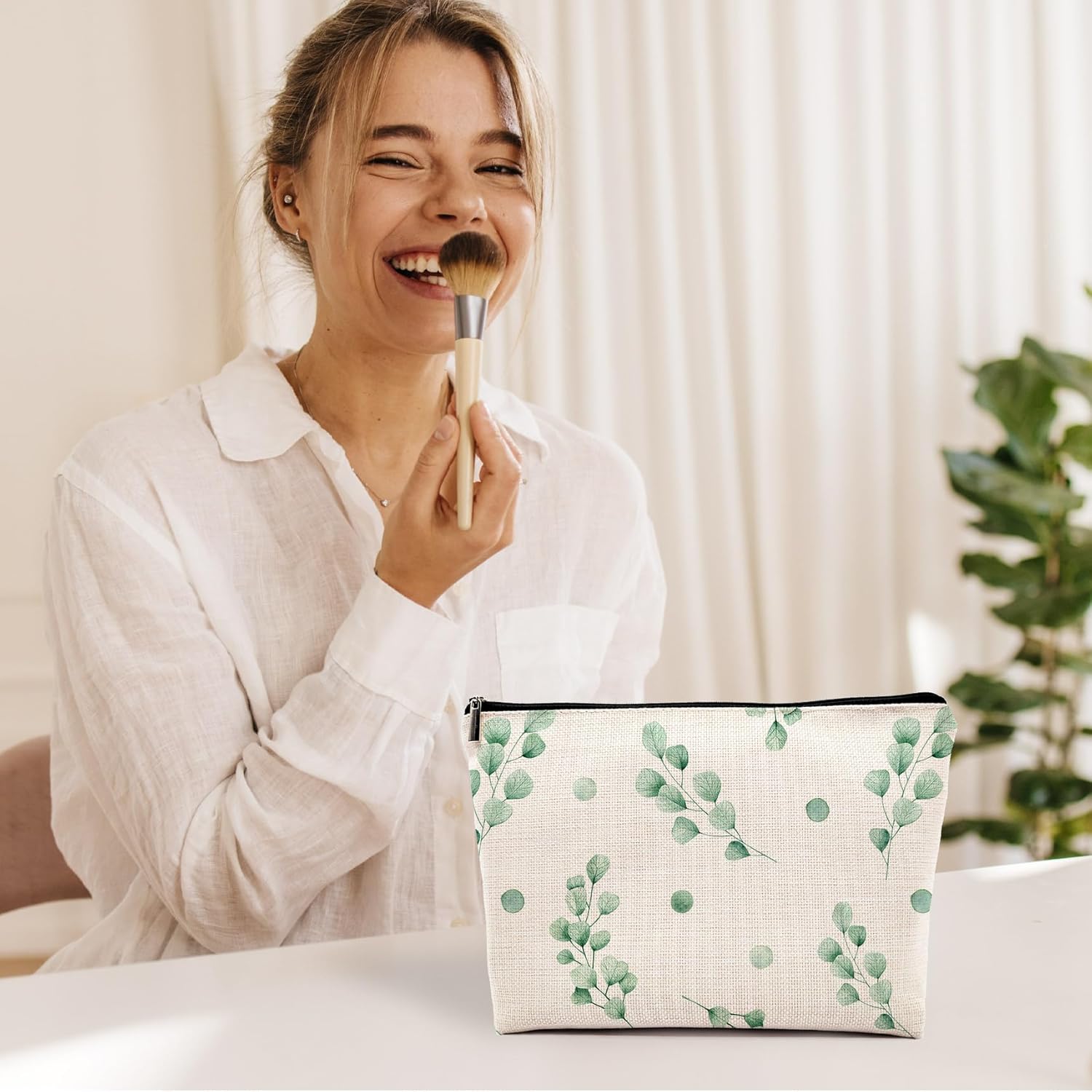 Bolsa de maquillaje de hojas verdes, bolsa de cosméticos florales de hojas verdes para mujeres, regalos para amantes de las plantas, regalos para
