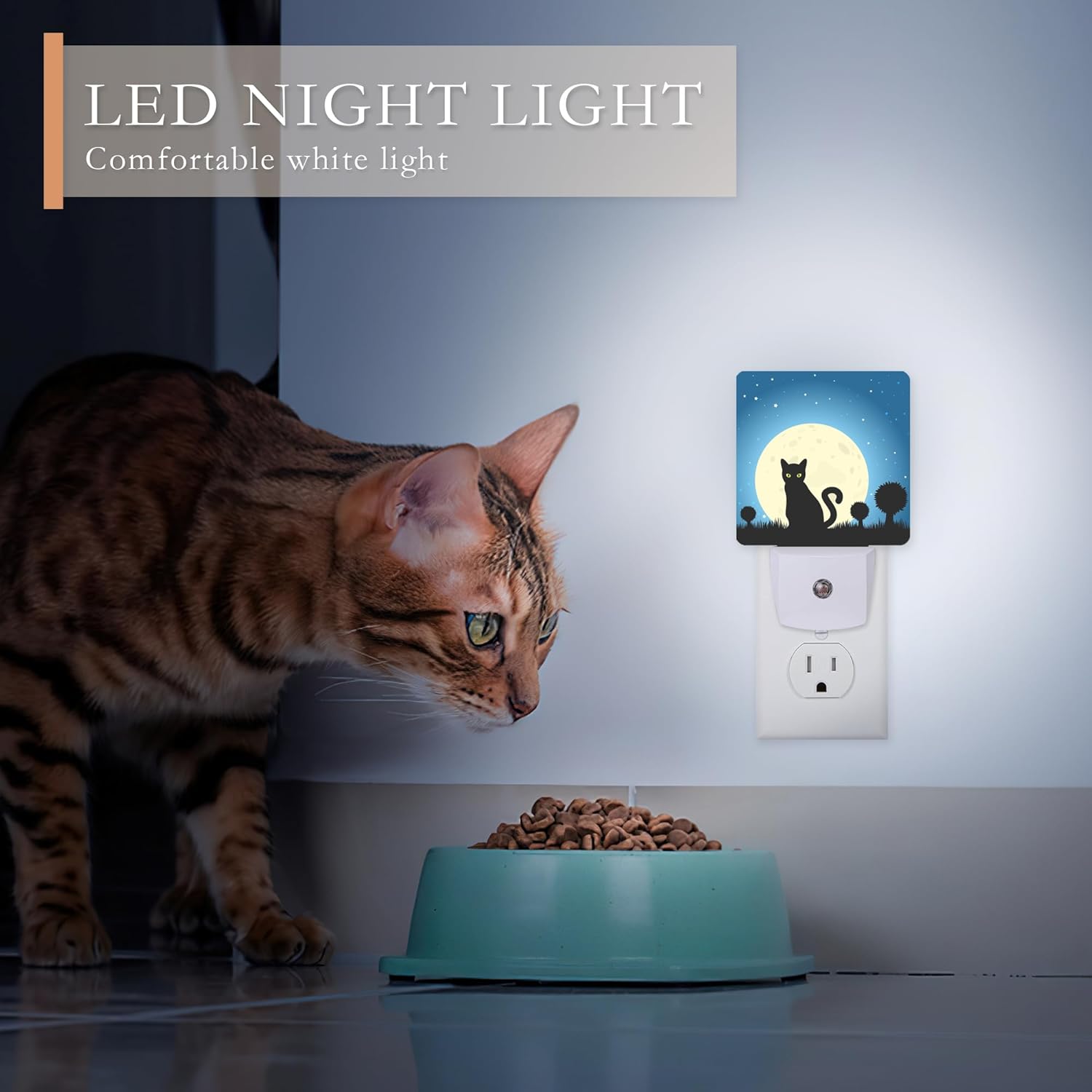 Luces nocturnas de Halloween enchufables a la pared, luz nocturna de luna de gato negro, sensor de atardecer a amanecer, lámpara LED de 0.5 W para