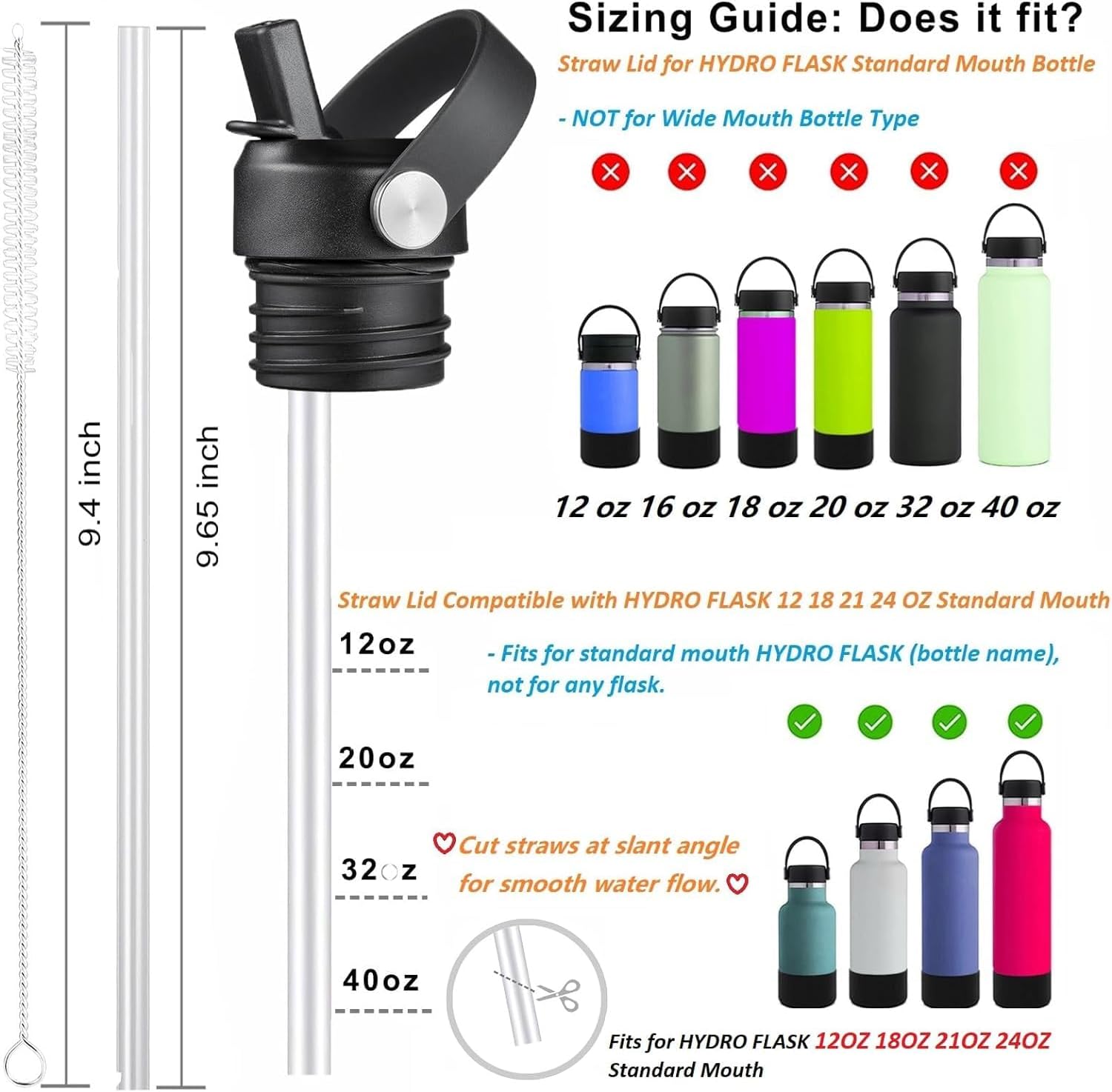 Tapa de popote para Hydroflask, tapas con popote para Hydro Flask, tapa de popote de boca estándar de 18, 21, 24 onzas, tapa de repuesto, botella de