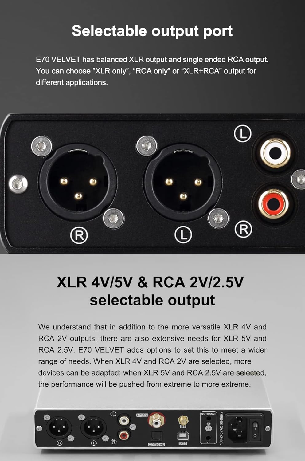 Topping E70 Velvet AK4499EX DAC Audio Decodificador – Bluetooth5.1 LDAC Hi-Res XU316 32Bit768kHz DSD512 BTUSBCoaxialOpt Entradas RCAXLR HiFi Stereo