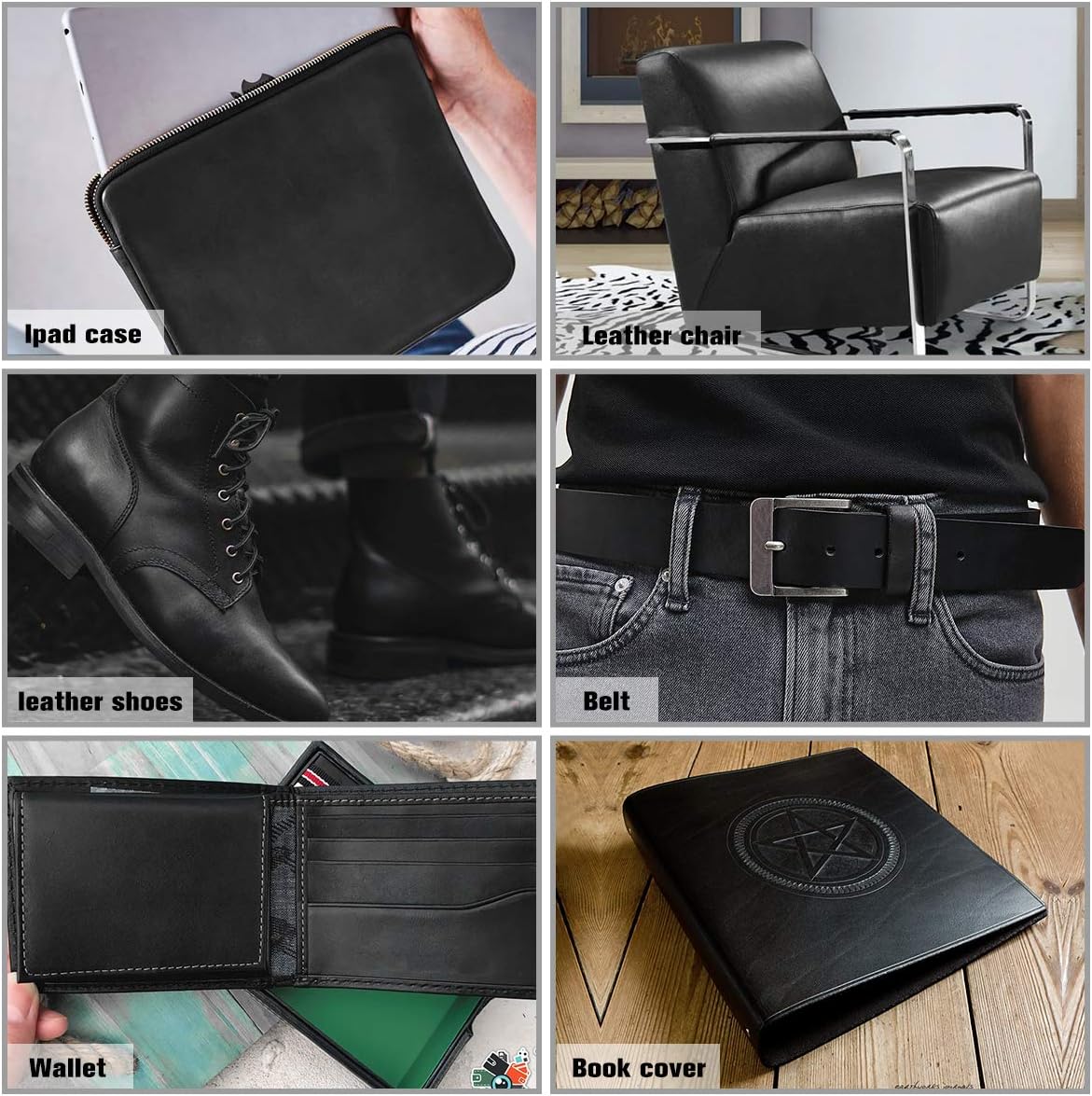 Hojas de cuero negro para manualidades, herramientas de cuero, cuadradas, de 0.071-0.083 in de grosor, piezas de cuero de grano completo, cuero de