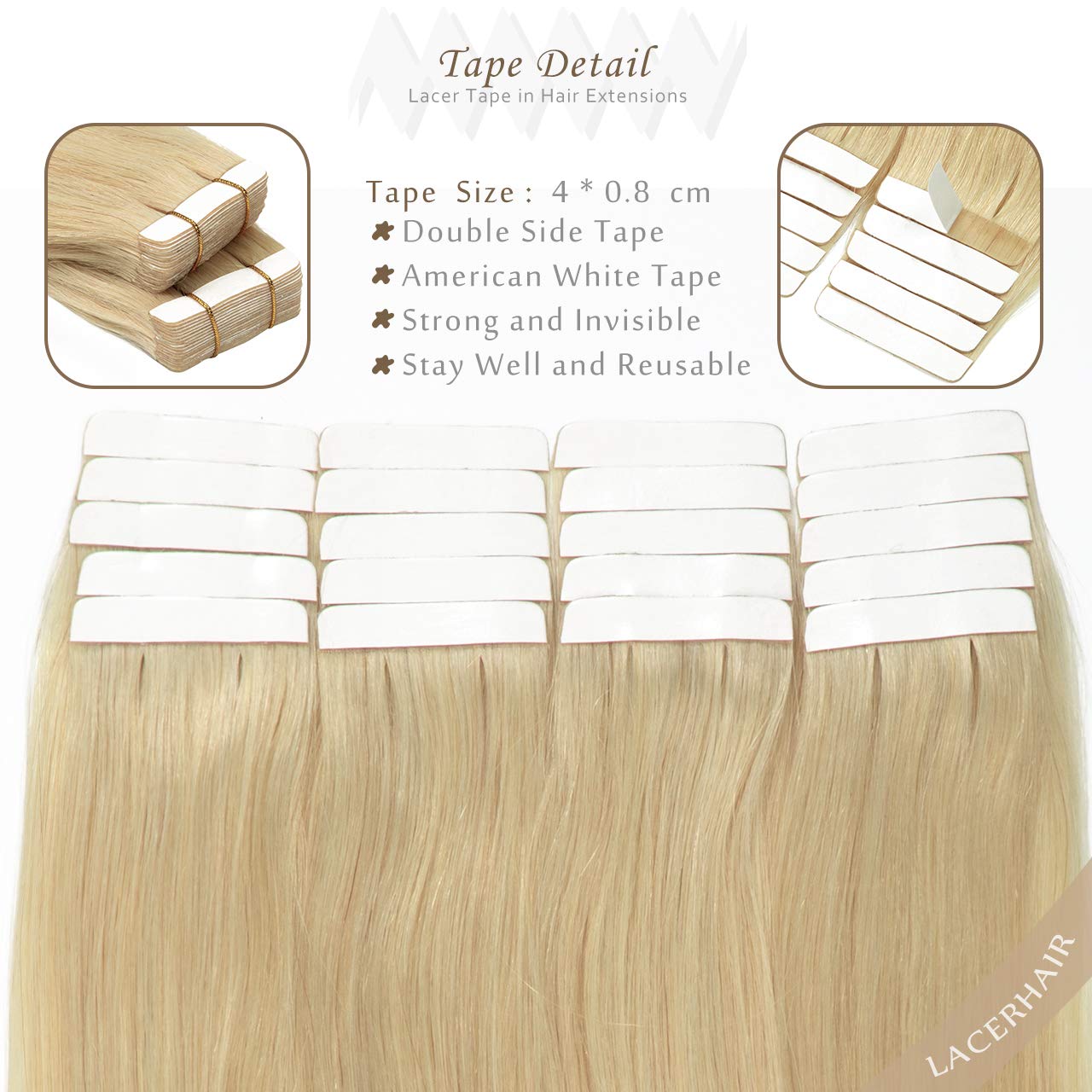Lacer Extensiones de cabello humano Remi Remy con cinta adhesiva en trama de piel, sin costuras, 60A, rubio ceniza platino, 100% real, Remi Remi,