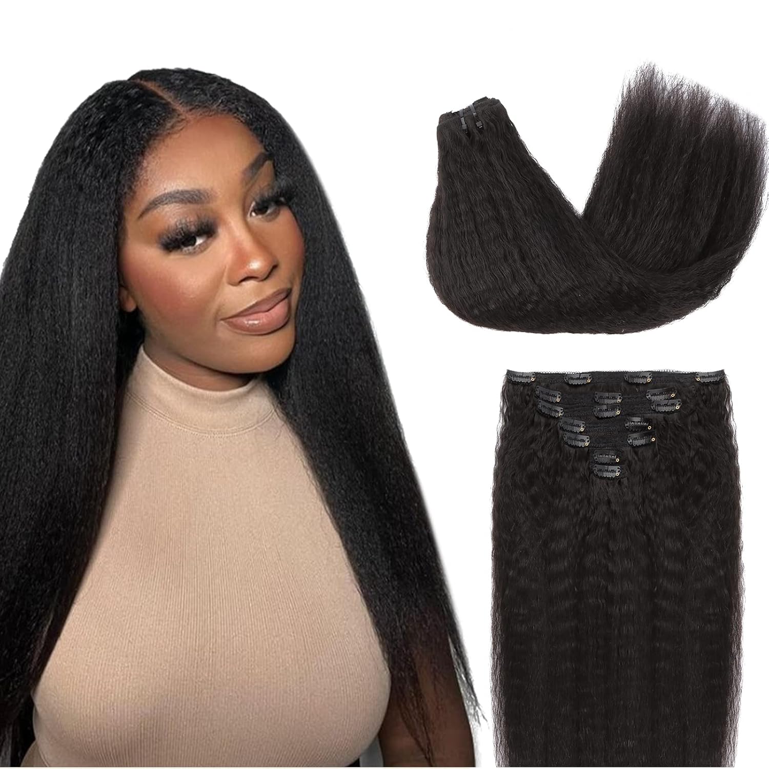 Lashey Extensiones de cabello humano real con broches, 14 pulgadas, 7 unidades, 4.23 oz, #1B, extensiones de cabello humano Remy negro natural