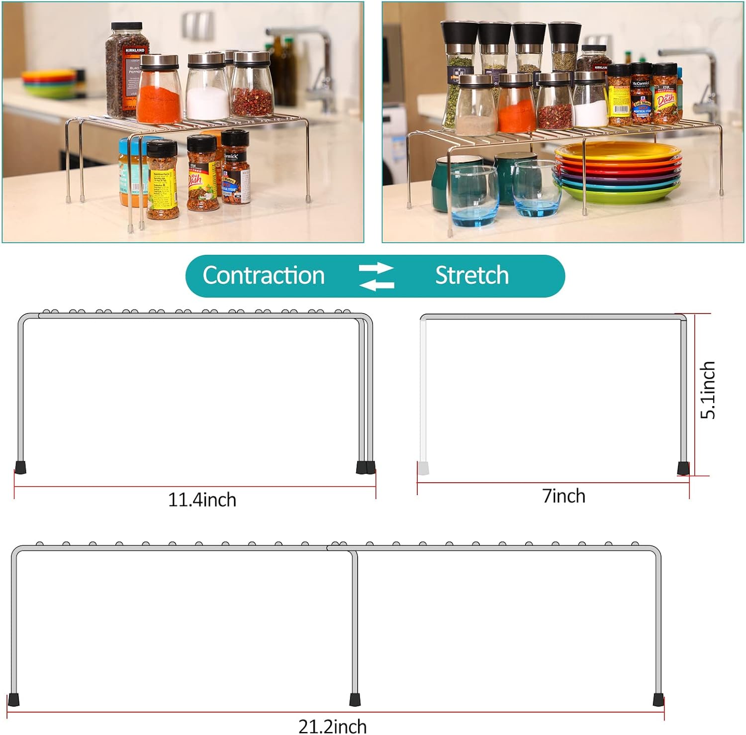 Homneat Estante extensible para gabinete, acero inoxidable ajustable para encimera de cocina, estantes elevadores, estante de cocina para despensa,