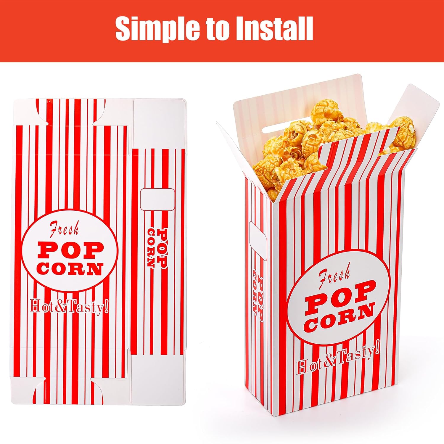 Bekith Paquete de 100 cajas de papel para palomitas de maíz, recipientes para palomitas de maíz, cubeta para fiestas de cine y noche de teatro
