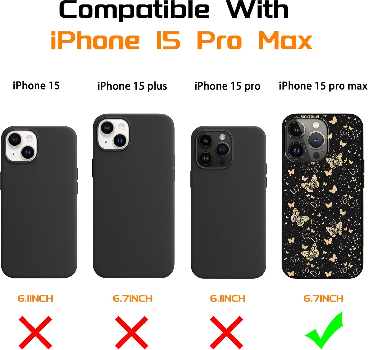 Funda diseñada para iPhone 15 Pro Max con patrón de mariposas doradas para hombres, mujeres, niños y niñas, TPU suave, cuerpo completo, a prueba de