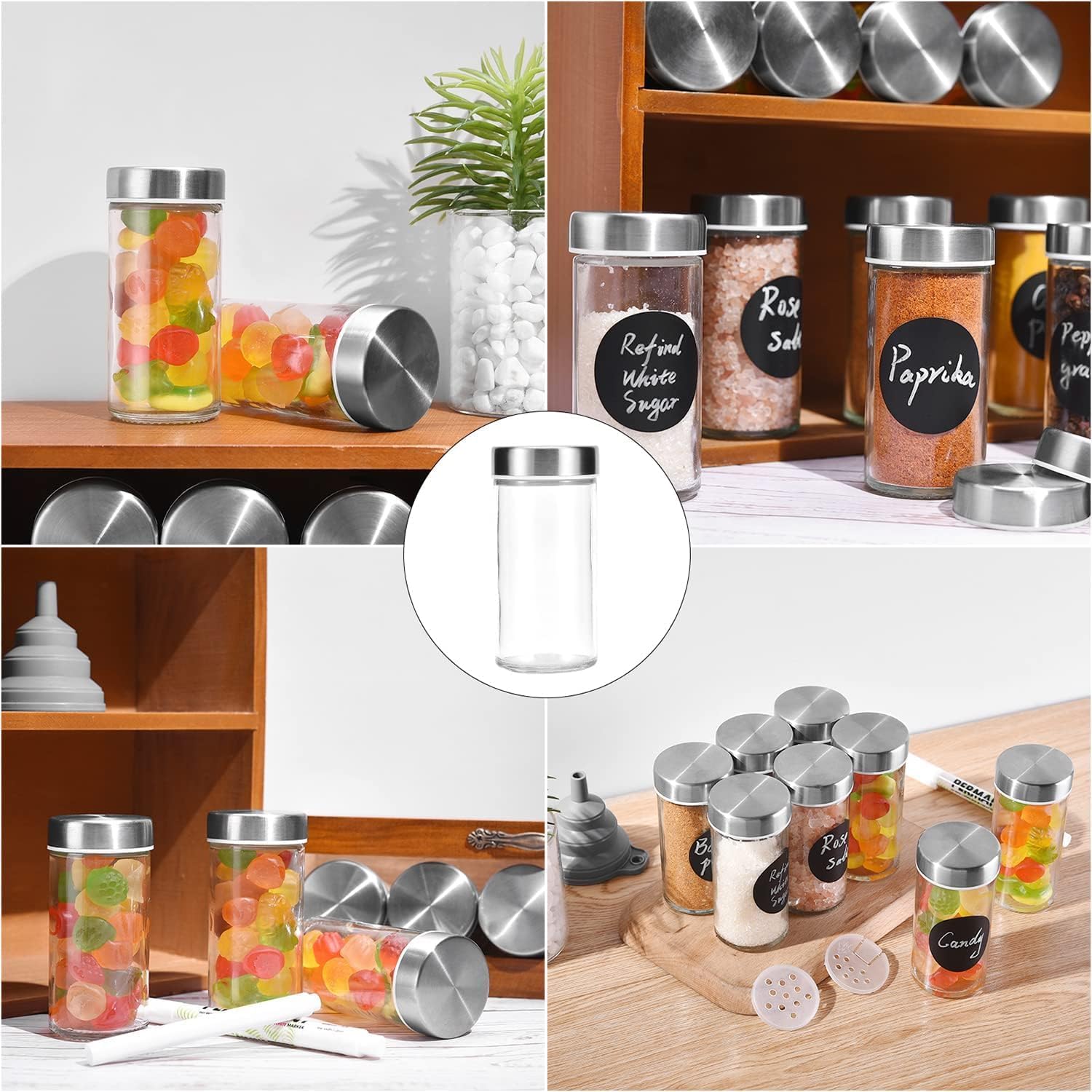 30 tarros redondos para especias, recipientes de condimentos de 4 onzas con tapas herméticas de acero inoxidable y tapas de coctelera, recipientes