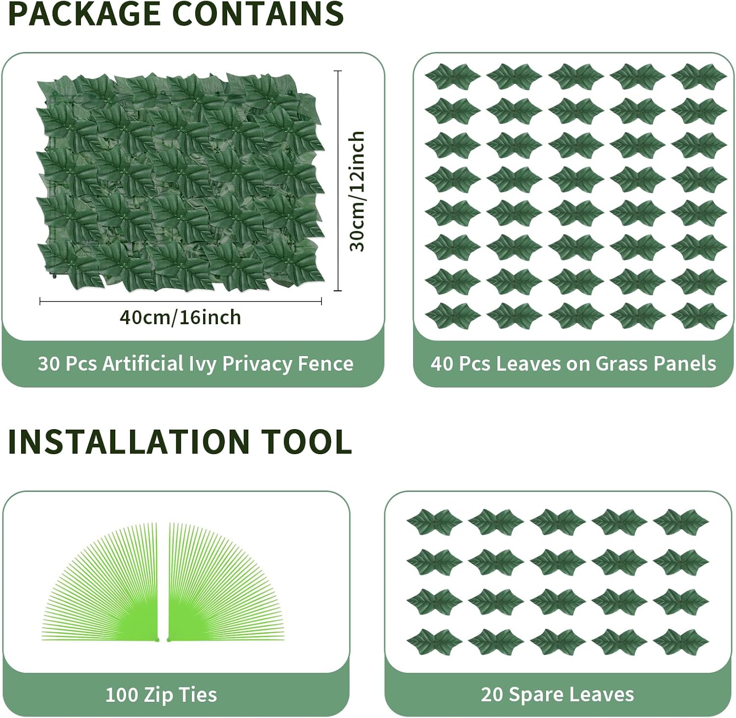 UIRWAY Valla de privacidad de hiedra artificial, valla de privacidad de hiedra de 16 x 12 pulgadas, valla decorativa de jardín, con 100 bridas de