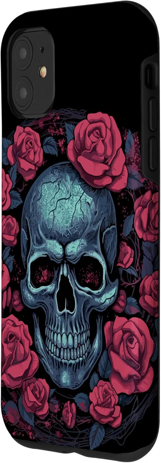 Funda para iPhone 11 Skull And Roses Red Floral Dark Goth Horror Skull Case