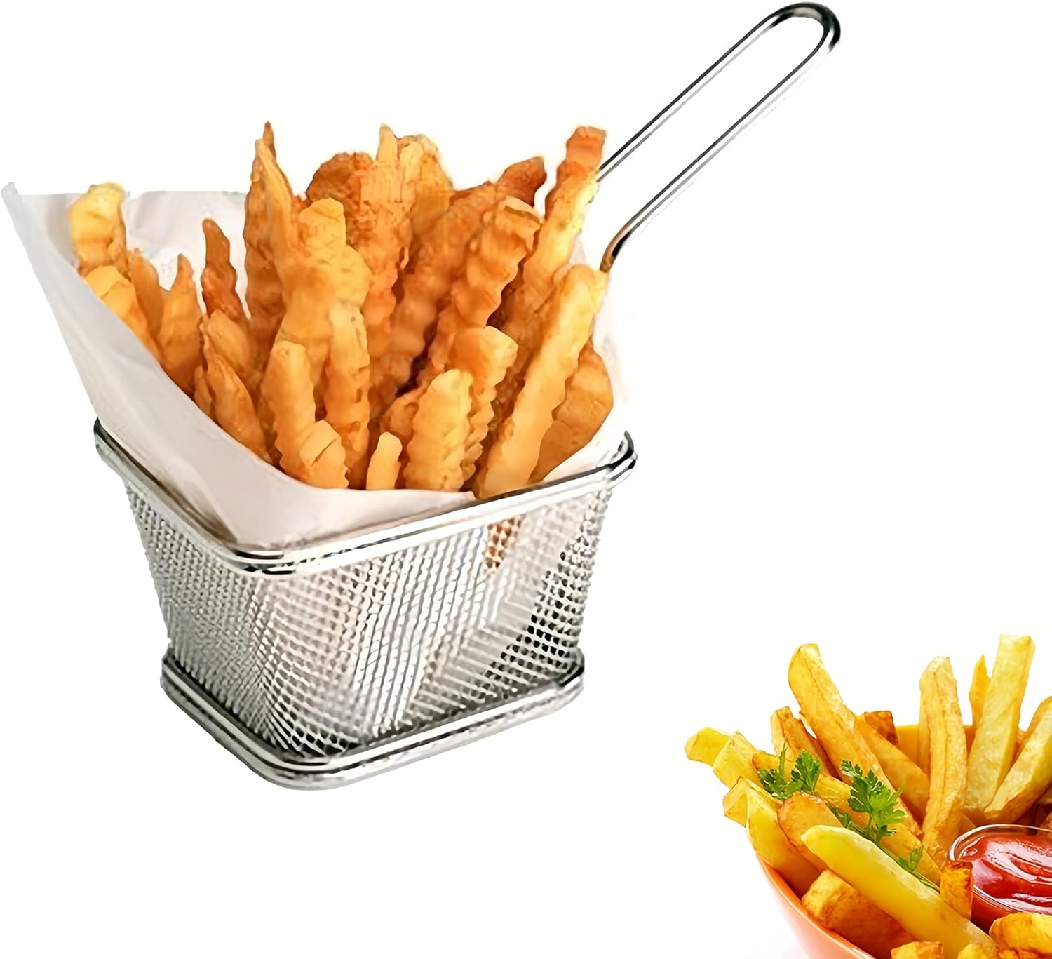 Mini cesta cuadrada de acero inoxidable, soporte para papas fritas, mesa de comida frita (pequeña 4 pulgadas)