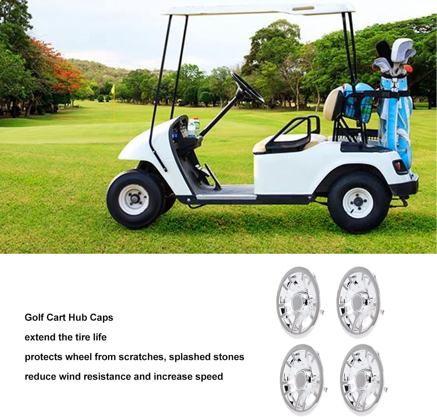 4 tapas de cubo de carrito de golf de 8 pulgadas, cubiertas de rueda cromadas, protector de llanta para carrito de golf E Z GO