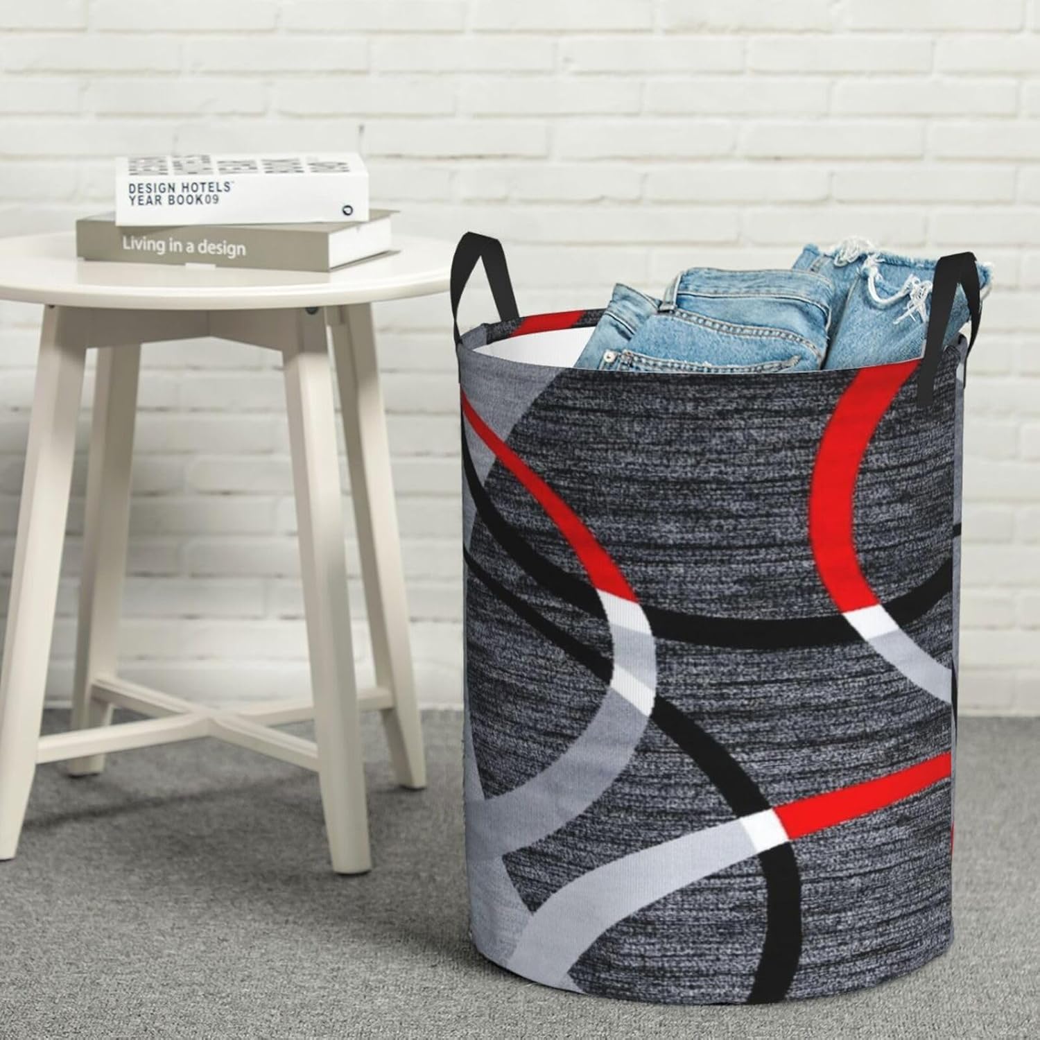 Cesta de ropa sucia con patrón geométrico de remolino, color gris, negro, rojo, blanco, cesta de almacenamiento plegable, impermeable, para