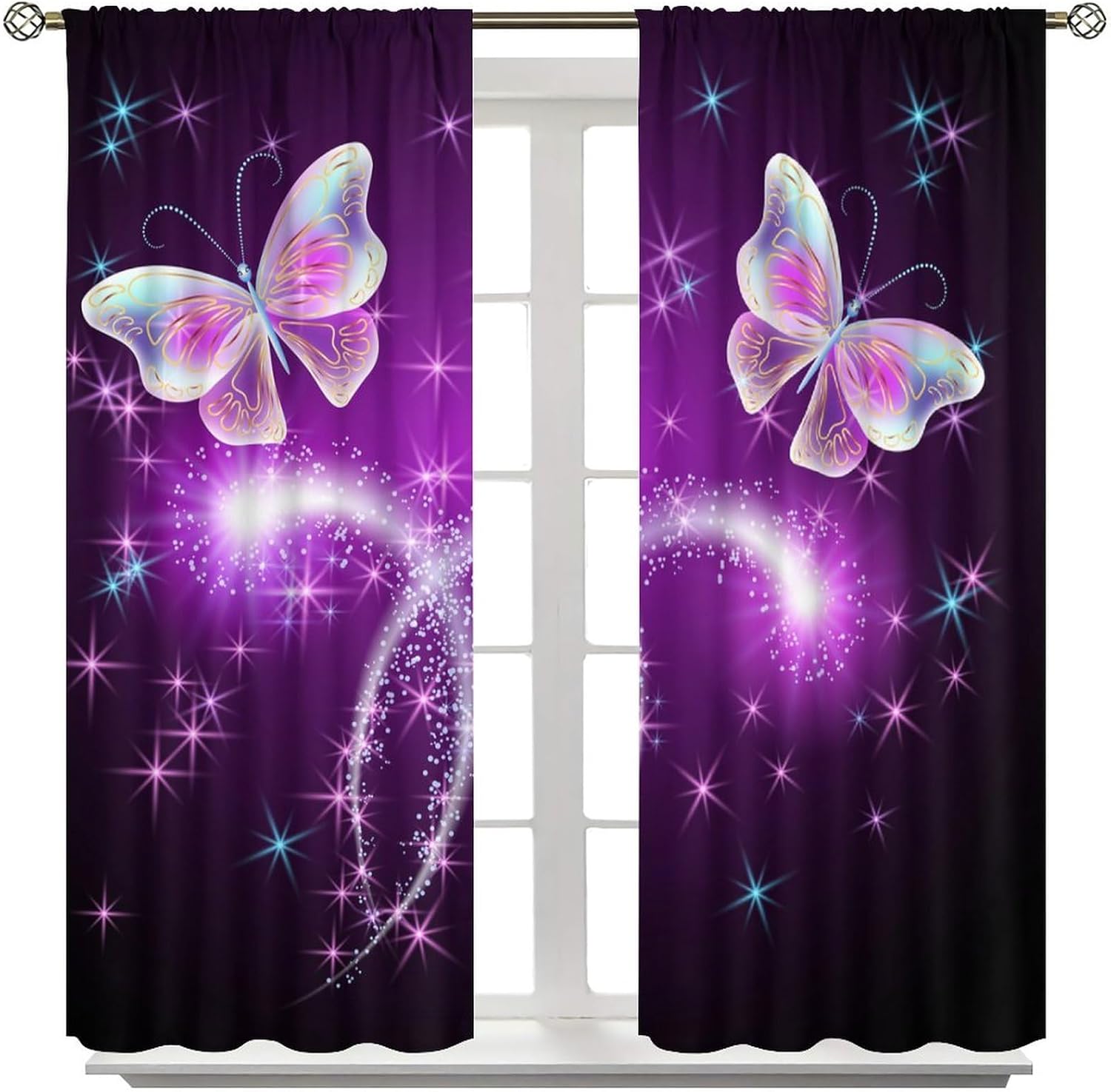 Cortinas de mariposas coloridas con diseño de mariposas brillantes y fuegos artificiales y estrellas brillantes, cortinas opacas con bolsillo para