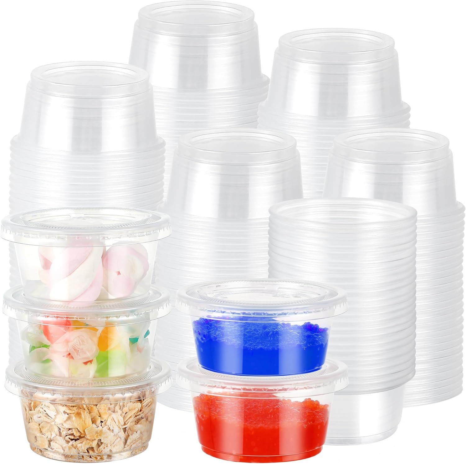 Juego de 2000 vasos de plástico para porciones con tapas, recipientes pequeños de plástico transparente apilables, vasos herméticos para