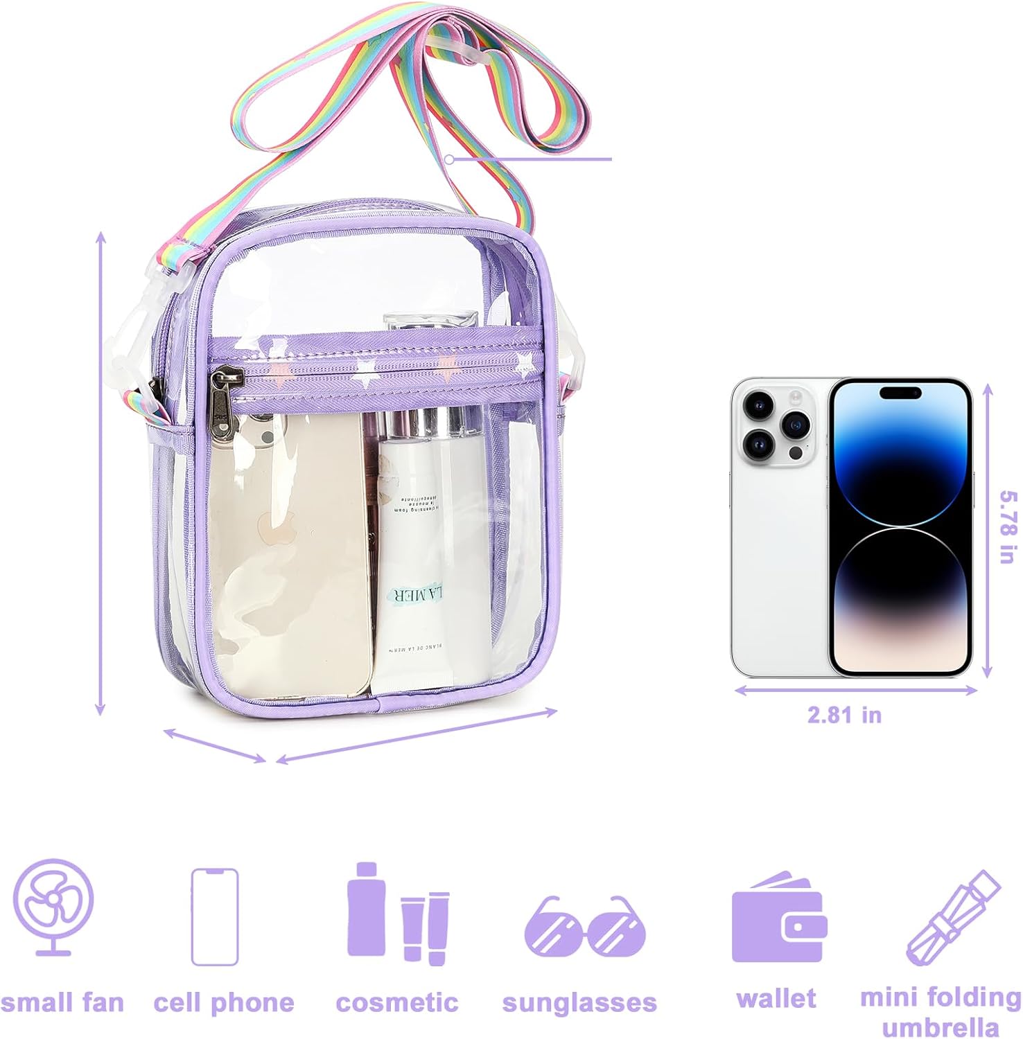 Bolso cruzado transparente aprobado para estadios, correa de hombro ajustable, bolsa transparente para conciertos, eventos deportivos