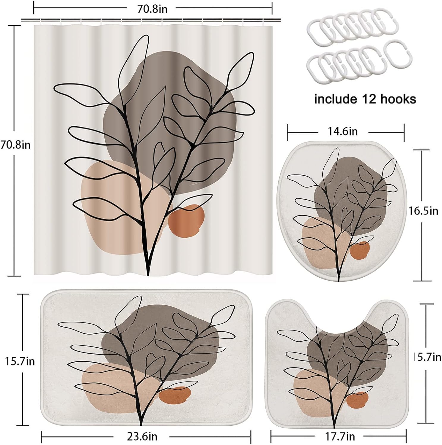 ArtSocket Juego de baño de hojas tropicales con cortina de ducha y accesorios de alfombras, cortina de ducha floral de mediados de siglo para baño,