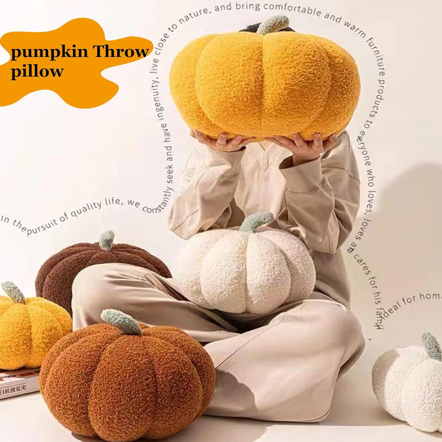 Gerlisay Almohada de calabaza de Halloween rellena de calabaza esponjosa de felpa blanca de peluche de 11.0 in11 pulgadas en forma de calabaza 3D