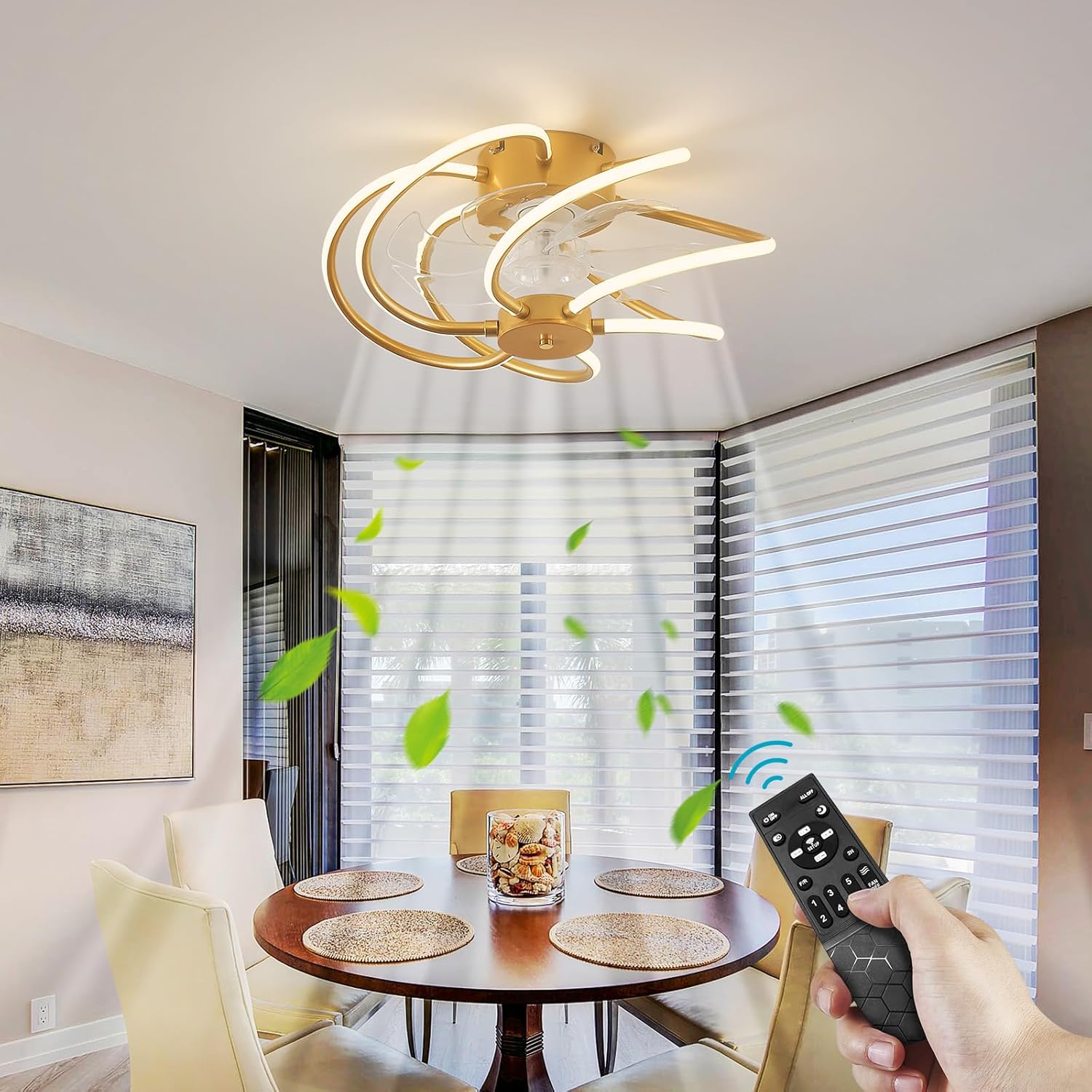 Moderno ventilador de techo remoto inteligente para dormitorio de 19.7 pulgadas con luz LED, lámpara de montaje empotrado de perfil bajo con