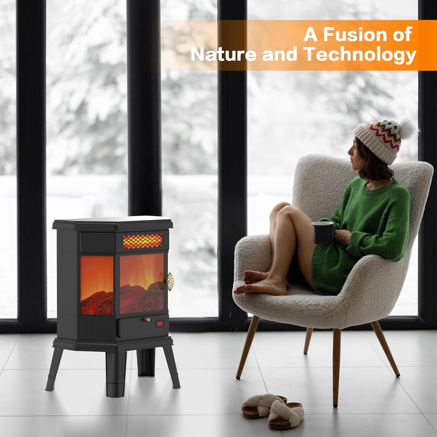 Calentador eléctrico de chimenea de 22 pulgadas, estufa de chimenea infrarroja RealSmart con efecto de llama 3D, control remoto, temporizador,