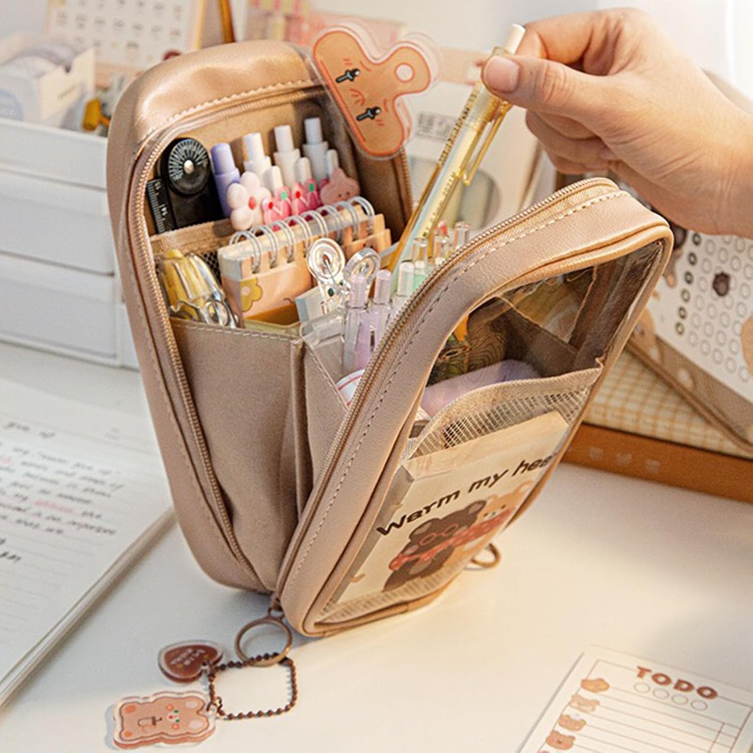 Estuche para lápices kawaii, lindo estuche estético, lindo estuche para lápices, artículos escolares kawaii para adolescentes y niñas (marrón-B)
