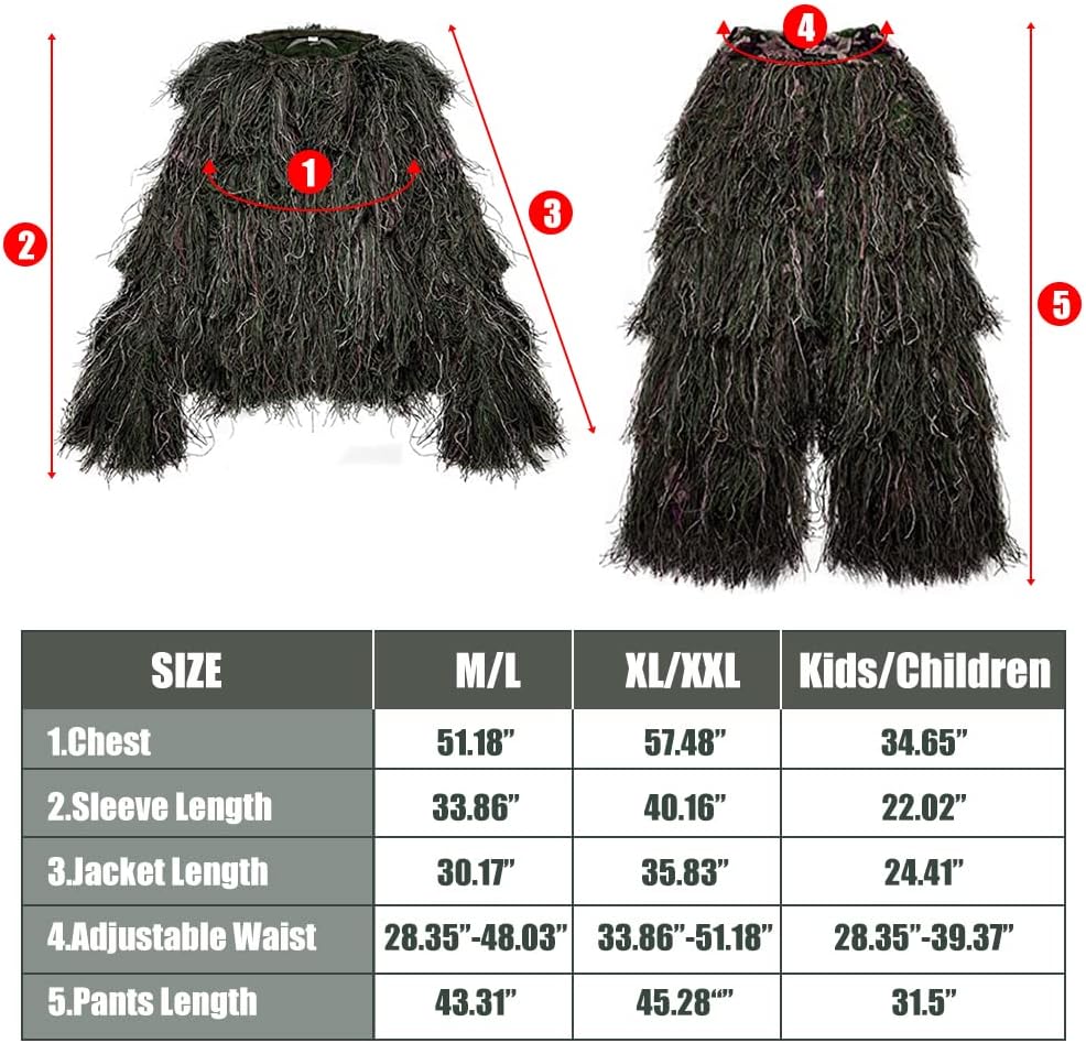 Sibosen Traje Ghillie 5 en 1  Ropa de caza de camuflaje 3D que incluye chaqueta, pantalones, capucha, bolsa de transporte
