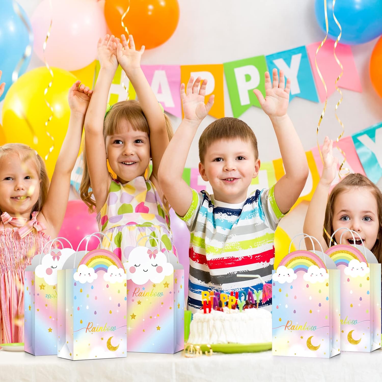 16 bolsas de regalo de fiesta de arco iris, bolsas de regalo de arcoíris con asas, bolsas de dulces de cumpleaños, bolsas de regalo de fiesta pastel