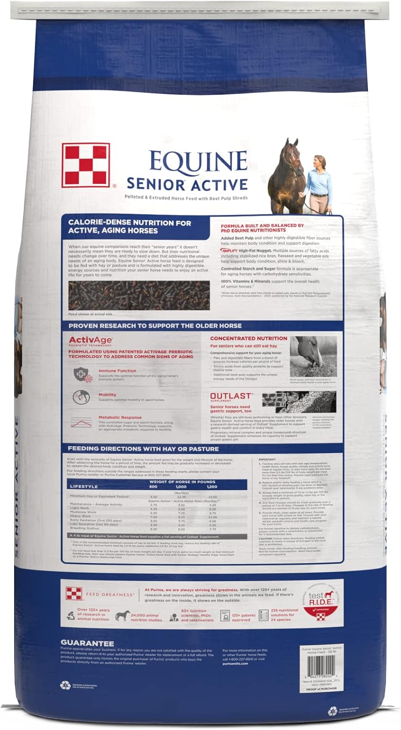 Purina  Alimentación activa para caballos equinos senior  Bolsa de 50 libras (50 libras)