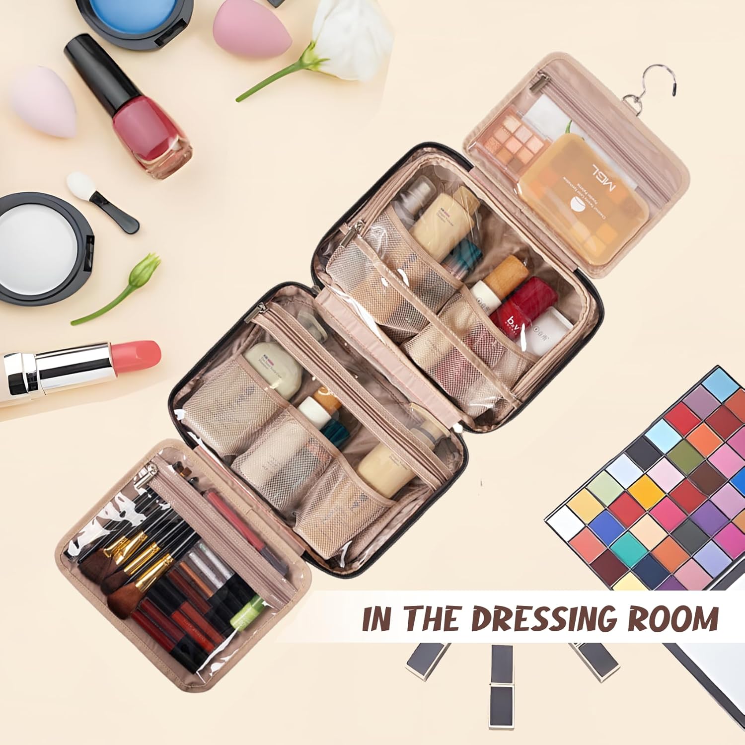 BAFAMYE Neceser de viaje para mujer, resistente al agua, bolsa de cosméticos para maquillaje, contenedor de tamaño completo con gancho para colgar