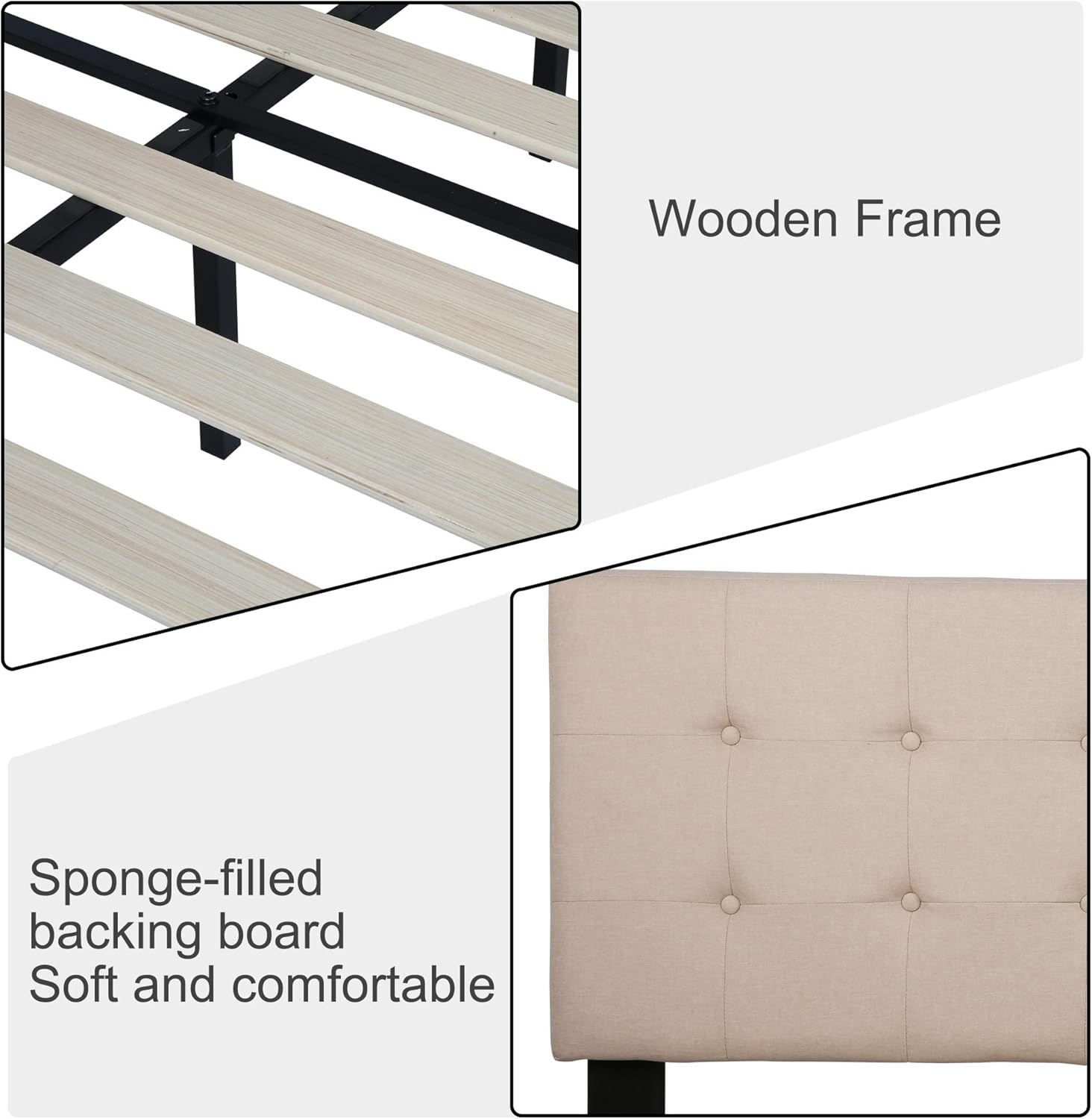 Base de cama tapizada de 14 pulgadas con cabecera de colchón, soporte de listones de madera, no necesita somier, color beige (tamaño matrimonial)