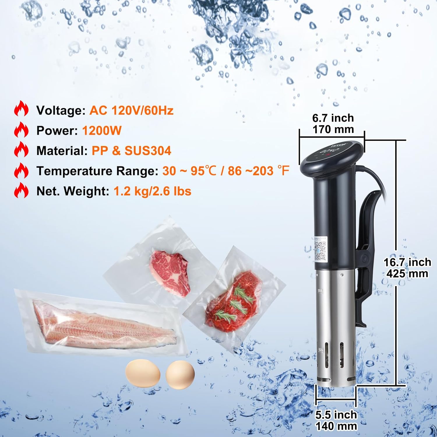 VEVOR Máquina Sous Vide con control de aplicación Bluetooth Wi-Fi Connect, circulación de inmersión de 1200 W, IPX7 impermeable, con control de