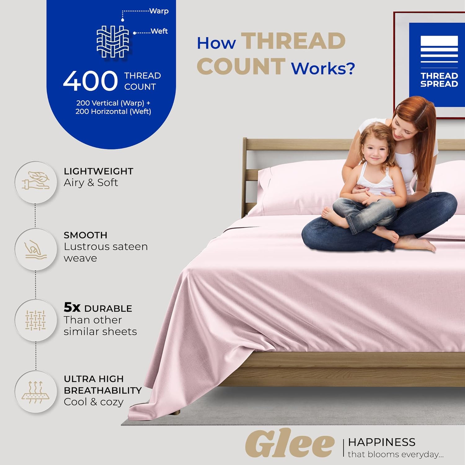 THREAD SPREAD Juego de sábanas de 100 % algodón dividido tamaño King para cama ajustable, juego de sábanas de satén de 5 piezas de 400 hilos,