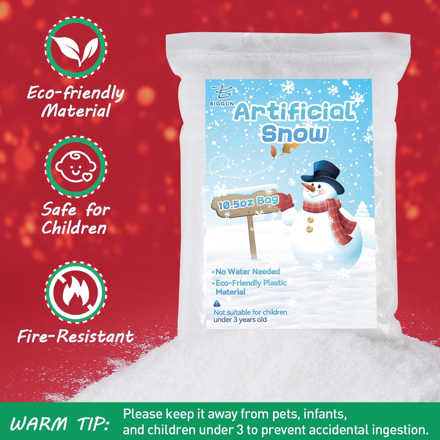 Biggun Decoración de nieve falsa de 10.5 onzas, polvo de nieve artificial instantáneo para manualidades de árbol de Navidad, nieve sintética seca