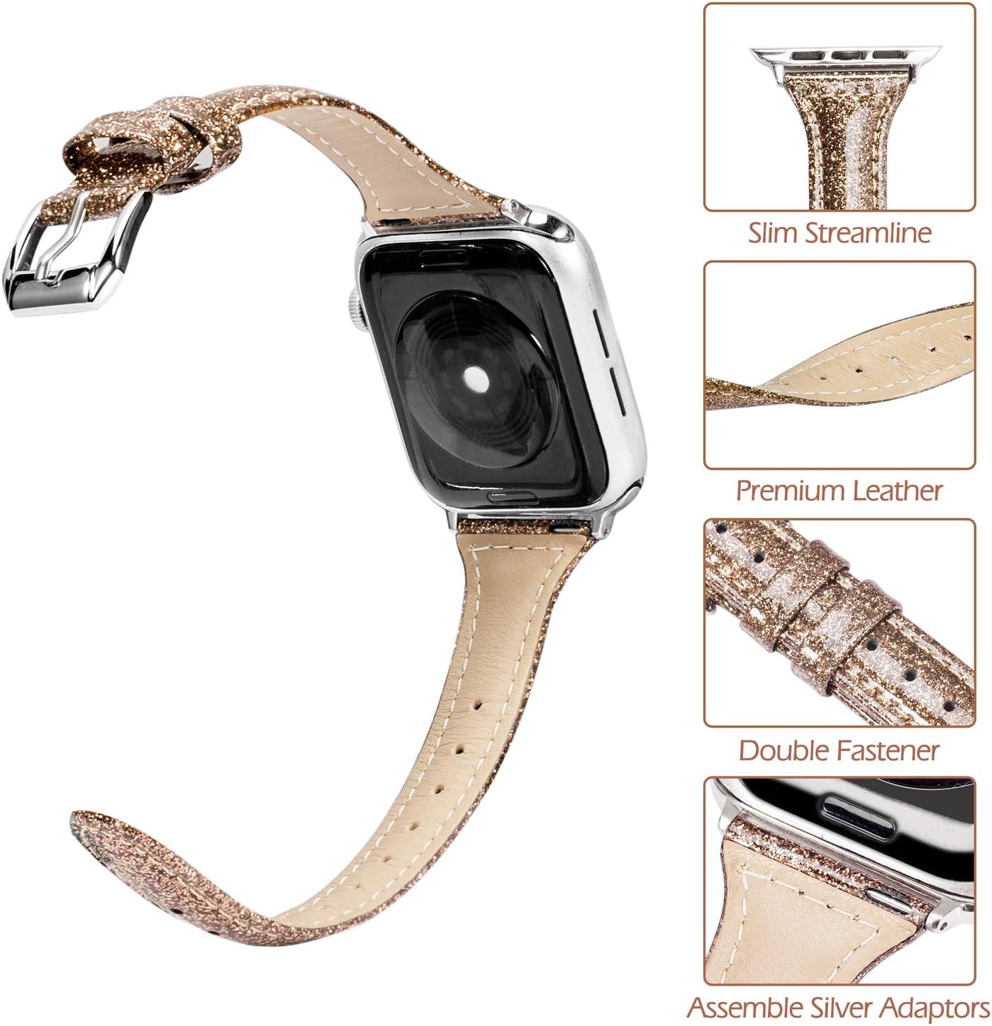 Wearlizer – Correa de repuesto de piel fina con purpurina compatible con correas de Apple Watch de 1.496in, 1.575in, 1.654in, 1.732in, para mujer,