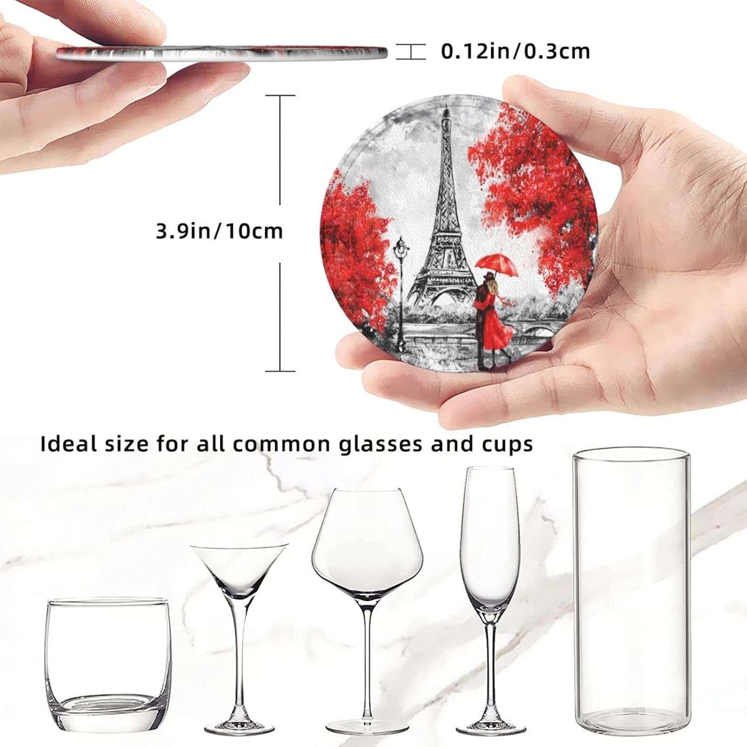 6 posavasos de cuero para bebidas con soporte rojo Eiffel Lovers París, juegos de posavasos para mesa de bebidas, posavasos para cocina, decoración