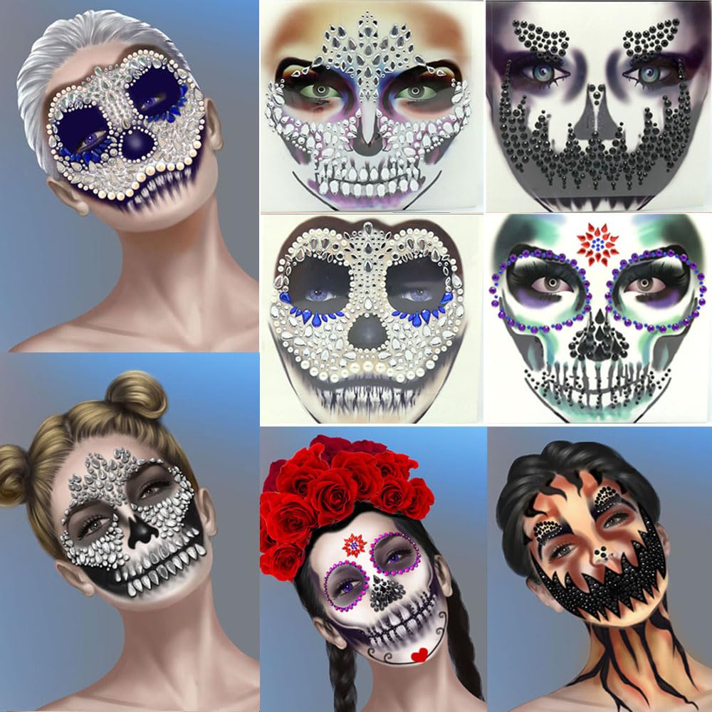 4 juegos de joyas de cara de Halloween con purpurina y esqueleto de azúcar, gemas para festivales, cristales, tatuajes faciales, calcomanías, ojos,