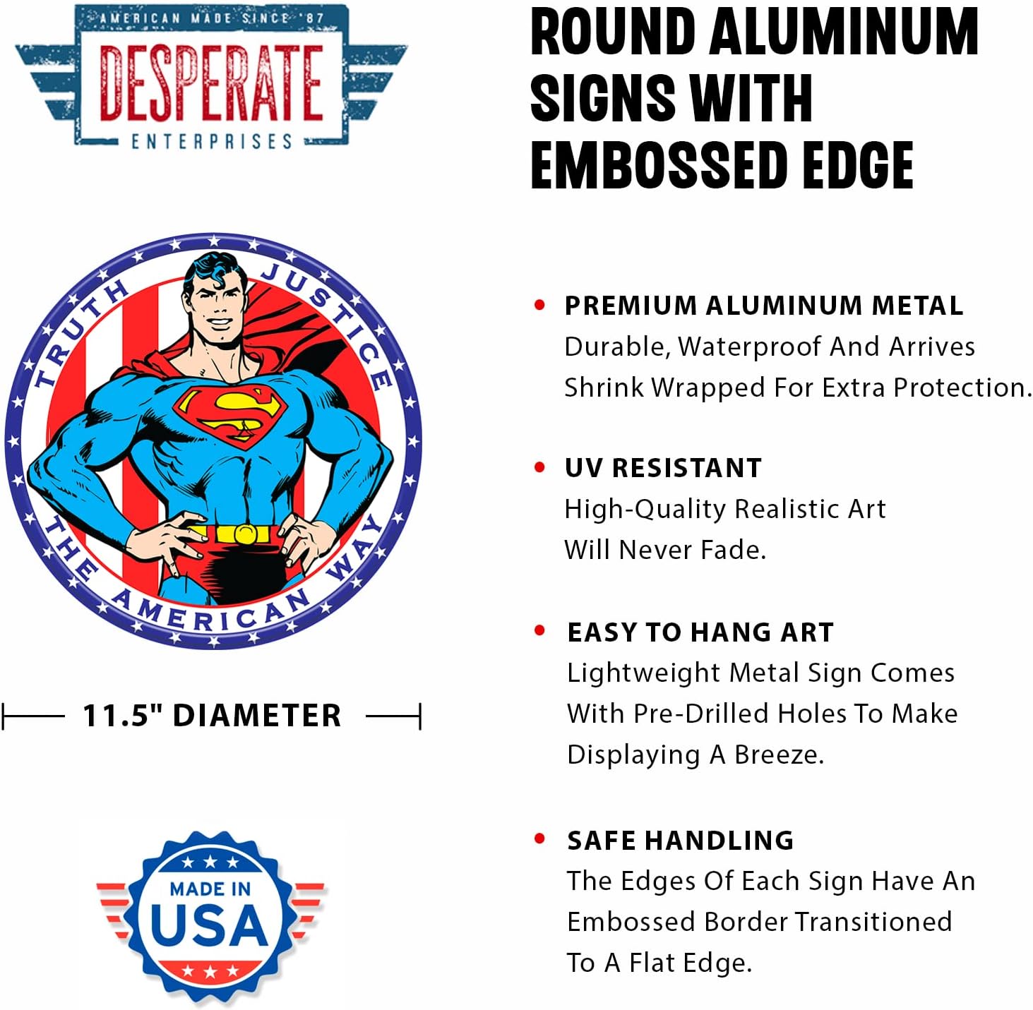 Desperate Enterprises Superman American Way – Letrero de aluminio con borde en relieve, decoración nostálgica de pared de metal vintage, fabricado