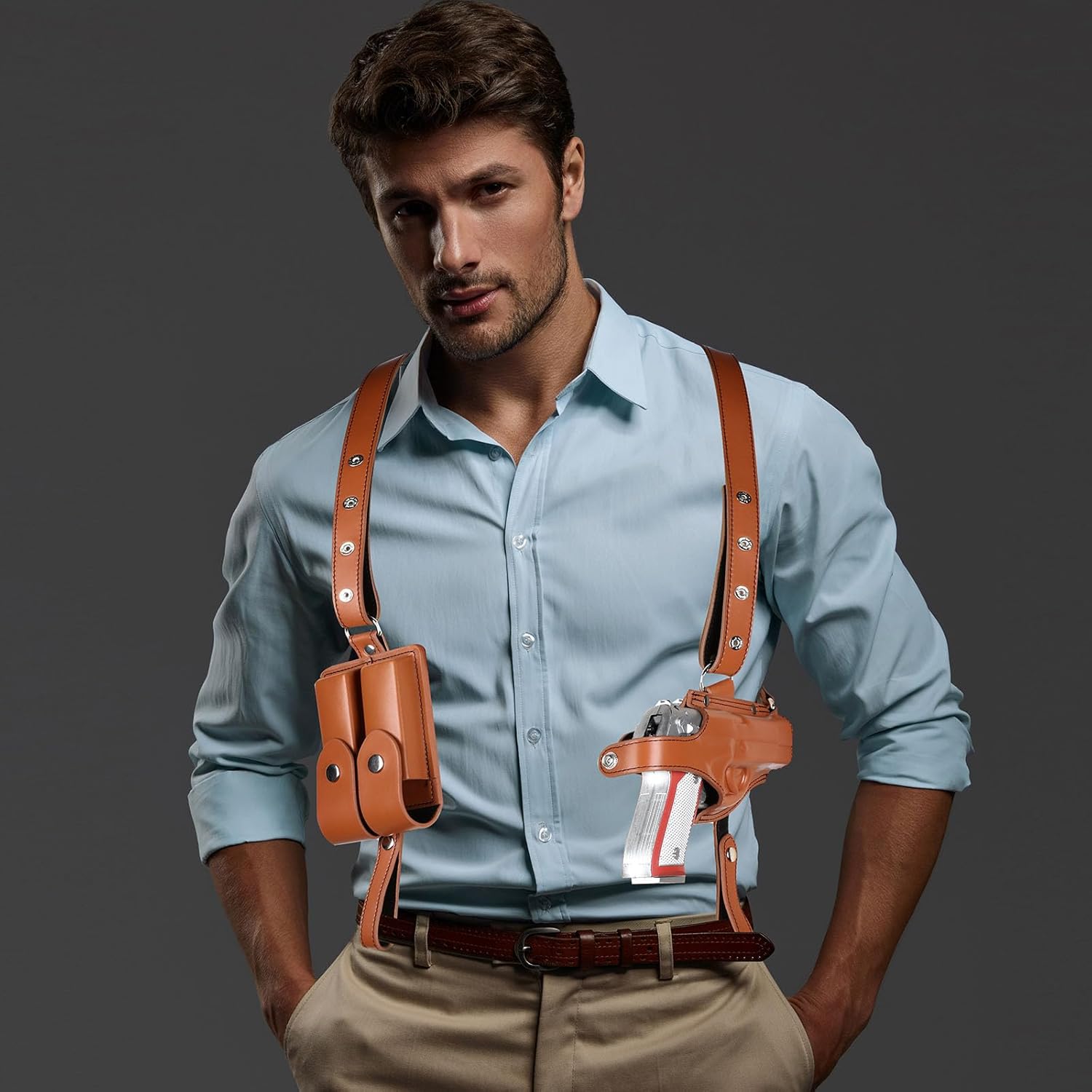 Funda de hombro de cuero para Halloween, funda vertical para pistola para transporte oculto, ajustable, vintage, con bolsa para revista, accesorios