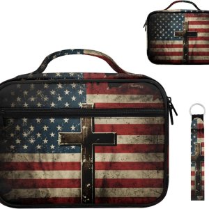 GELEGLAER Funda de cuero para Biblia con diseño de bandera de Estados Unidos con almacenamiento para bolígrafo, organizador de papelería de GELEGLAER Funda de cuero para Biblia con diseño de bandera de Estados Unidos con almacenamiento para bolígrafo, organizador de papelería de