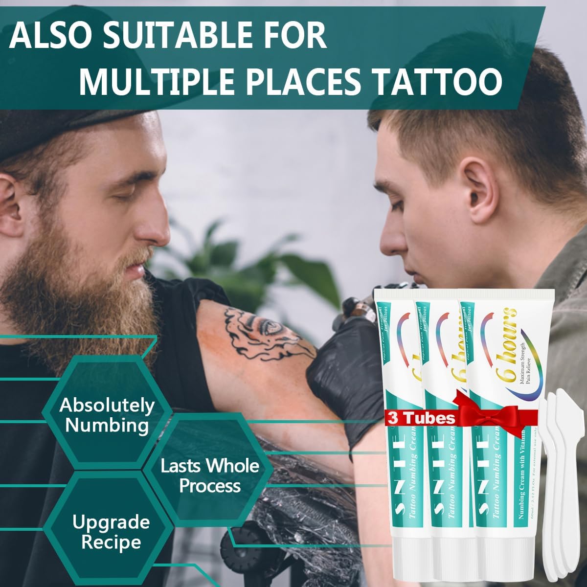 Crema anestésica para tatuajes extra fuerte, (6.35 oz) 3 tubos × 2.12 onzas 6-8 horas de larga duración crema adormecedora de tatuajes extra fuerte,