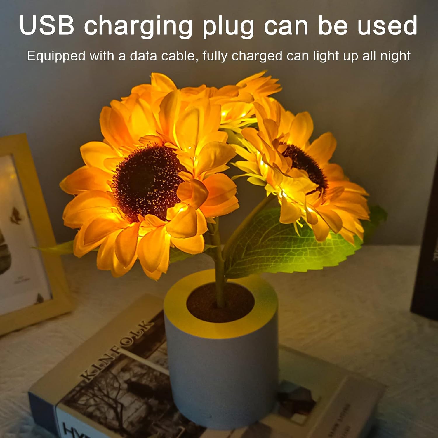 Lámpara de girasol, girasol artificial en maceta con luces LED, luz nocturna LED USB, lámpara de mesa, mesita de noche, dormitorio, luz decorativa