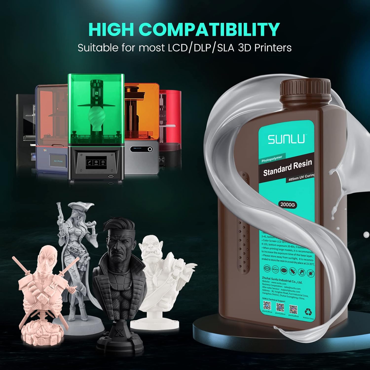 SUNLU Resina de impresora 3D, fotopolímero estándar de 70.55 oz, resina de curado UV de 405 nm para impresora 3D de resina 4K8K LCDDLPSLA, resina