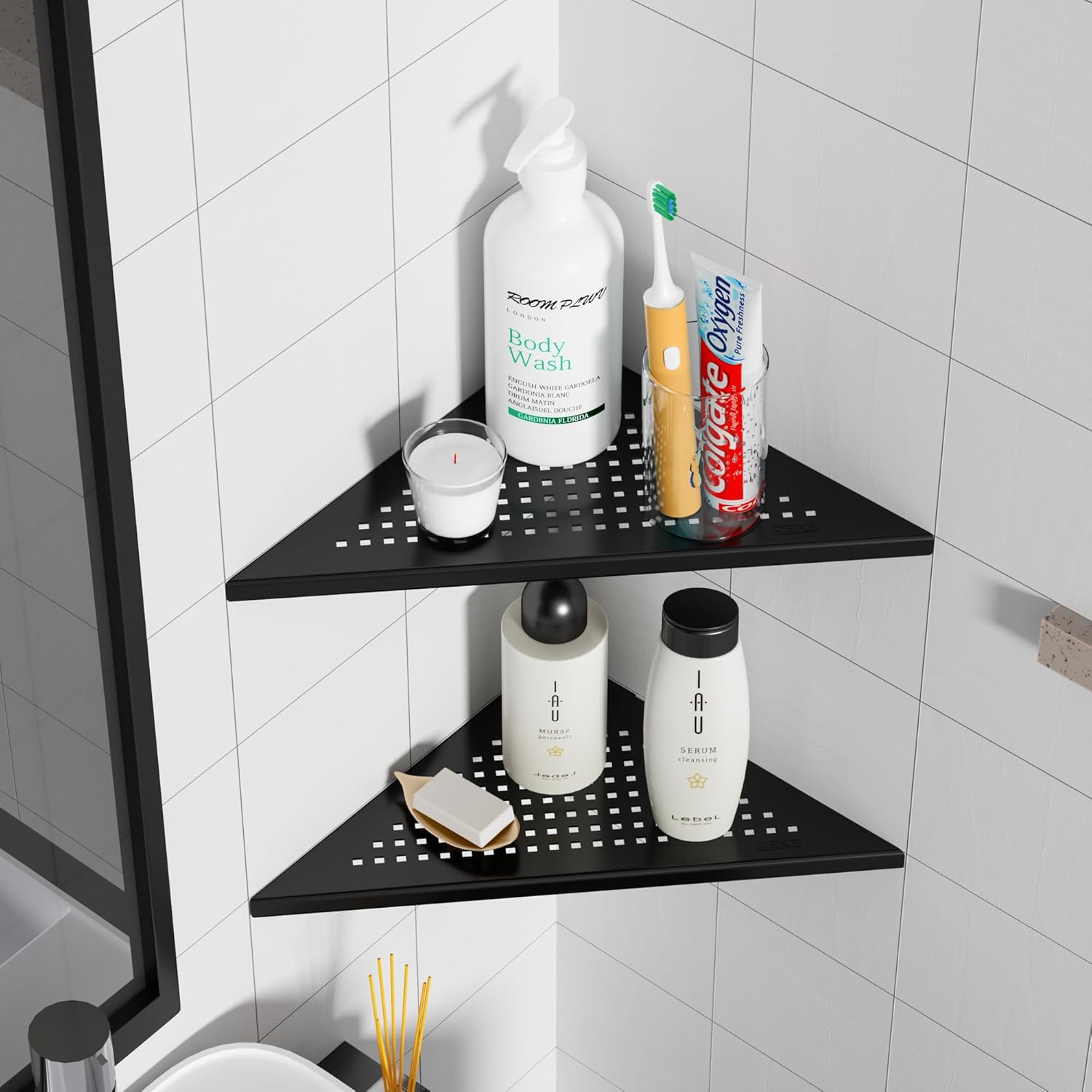 Neodrain Juego de 2 estantes esquineros de pared de color negro mate de 12 pulgadas, estantes de esquina flotantes para pared, estantes de