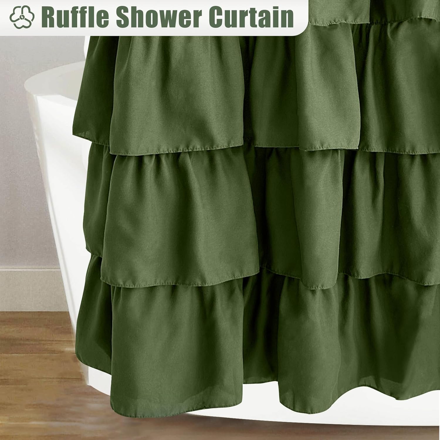 Seasonwood Cortina de ducha verde salvia para baño, bonita cortina de ducha con volantes, 72 x 72 pulgadas, cortinas de ducha con botones y volantes