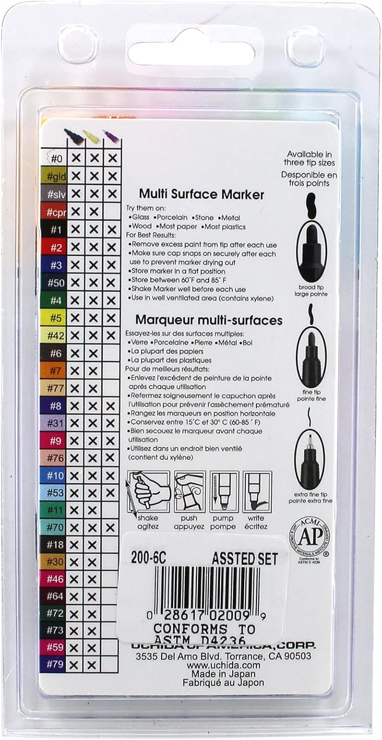 Uchida 200-6C – Juego de marcadores de pintura de punta fina Decocolor de 6 piezas