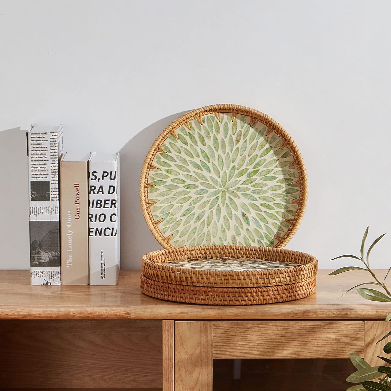 Round Rattan Tray with Mother of Pearl Inlay, Rattan Serving Tray with Wooden Base, Decorative Wicker Basket for Table Decor, Storage and Display of